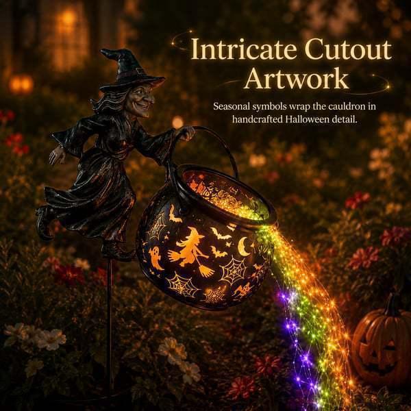 Halloween Witch Cauldron Garden Stake Light Magical Glowing Waterfall String Lights Spooky Outdoor Yard Lawn Pathway Decorative Light