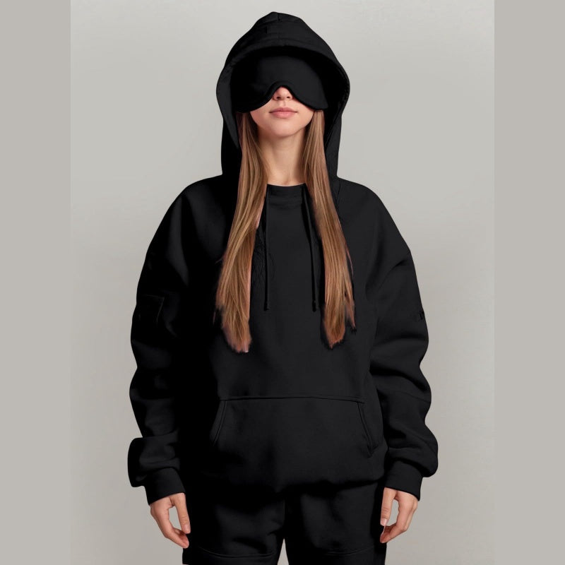 Multicolor Unisex Pullover Hoodie with Built-In Eye Mask,  Personalized Airmode Hoodie, Cozy Travel Sleep Mask Sweatshirt
