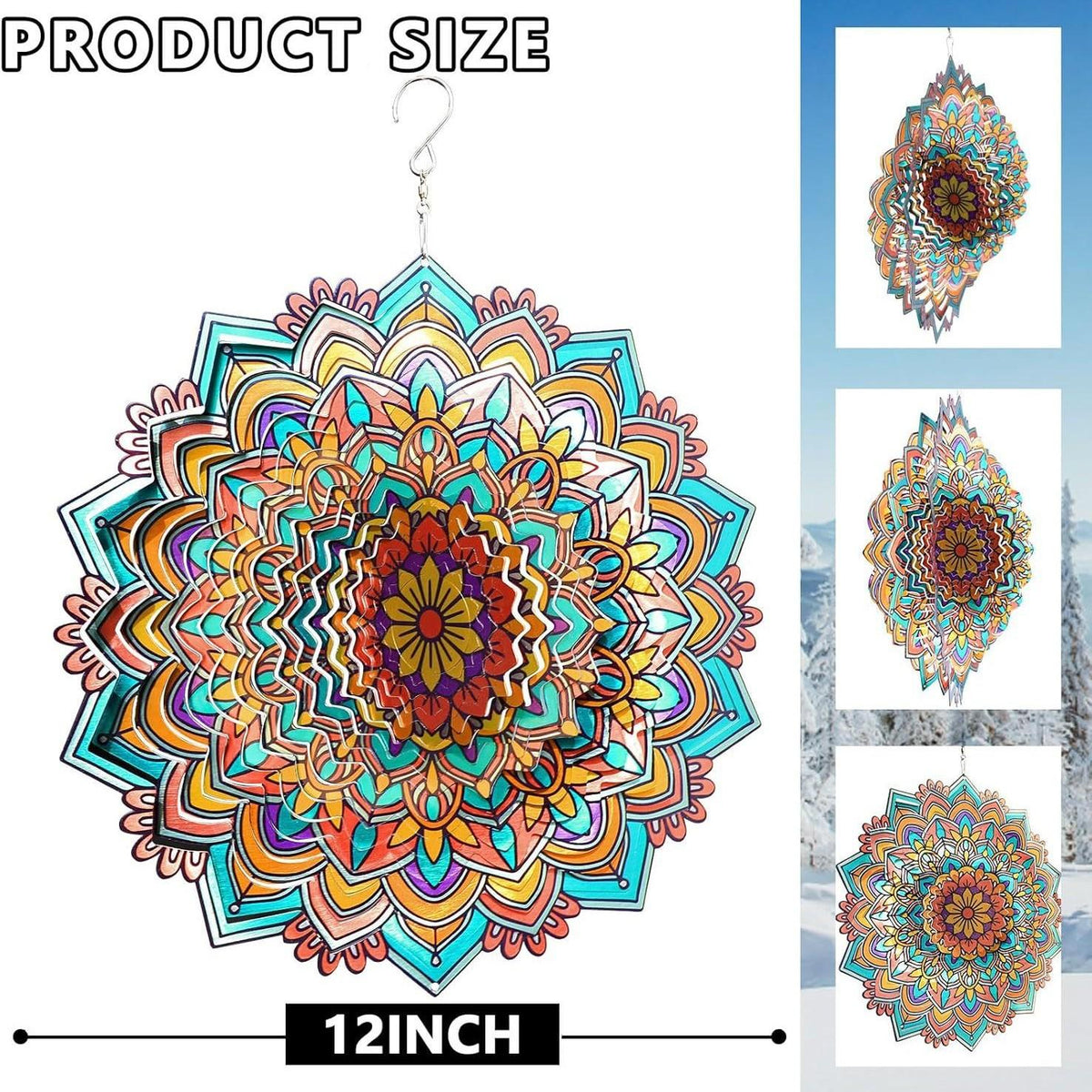 3D Mandala Metal Wind Spinner Colorful Hanging Kinetic Wind Sculpture Stainless Steel Garden Ornament Kinetic Wind Chime for Outdoor Yard Lawn Patio Decor