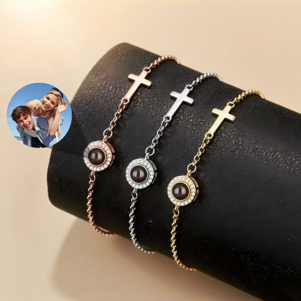 Personalized Photo Projection Bracelet with Cross, Custom Religious Jewelry, Christian Memorial Gift for Her
