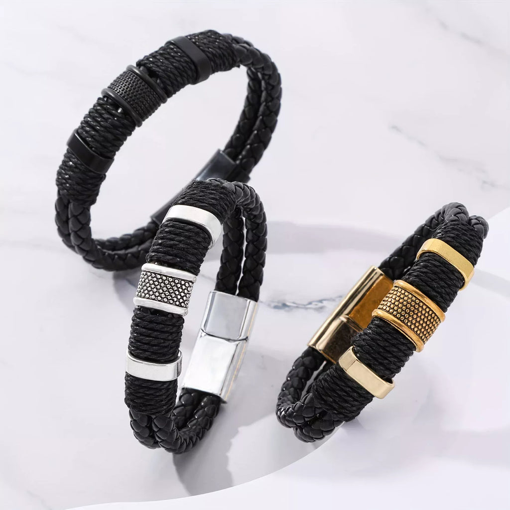 Men's Braided Leather Style Bracelet Handmade Layered Cord Wristband with Textured Metal Clasp Modern Minimalist Casual Jewelry Gift for Men
