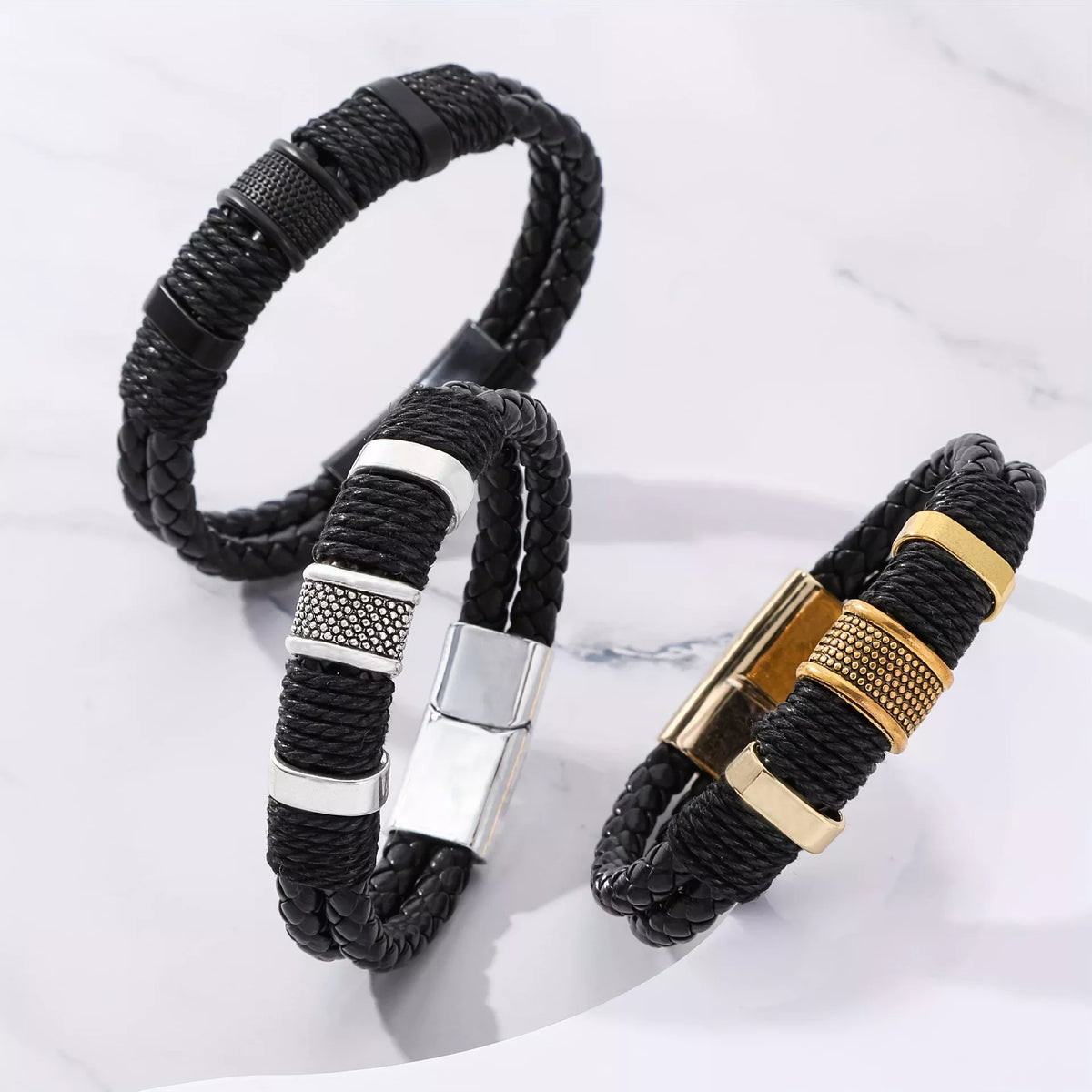 Men's Braided Leather Style Bracelet Handmade Layered Cord Wristband with Textured Metal Clasp Modern Minimalist Casual Jewelry Gift for Men