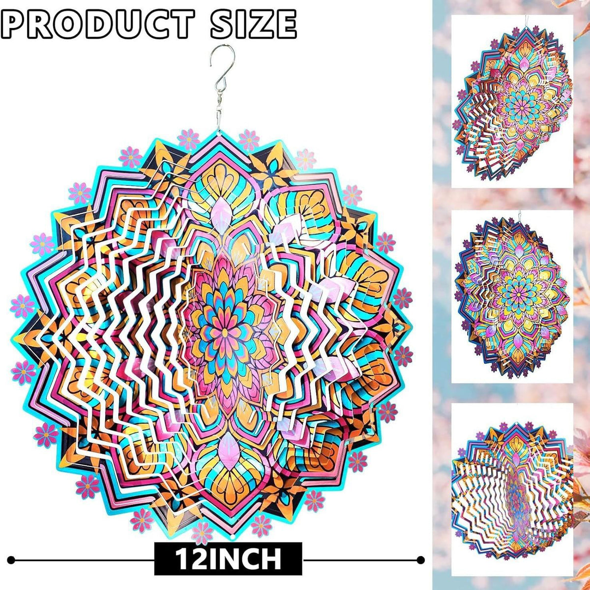 3D Mandala Metal Wind Spinner Colorful Hanging Kinetic Wind Sculpture Stainless Steel Garden Ornament Kinetic Wind Chime for Outdoor Yard Lawn Patio Decor