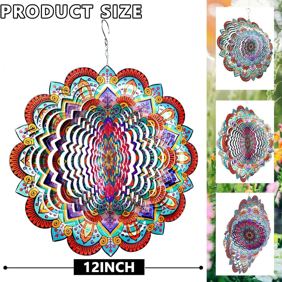 3D Mandala Metal Wind Spinner Colorful Hanging Kinetic Wind Sculpture Stainless Steel Garden Ornament Kinetic Wind Chime for Outdoor Yard Lawn Patio Decor
