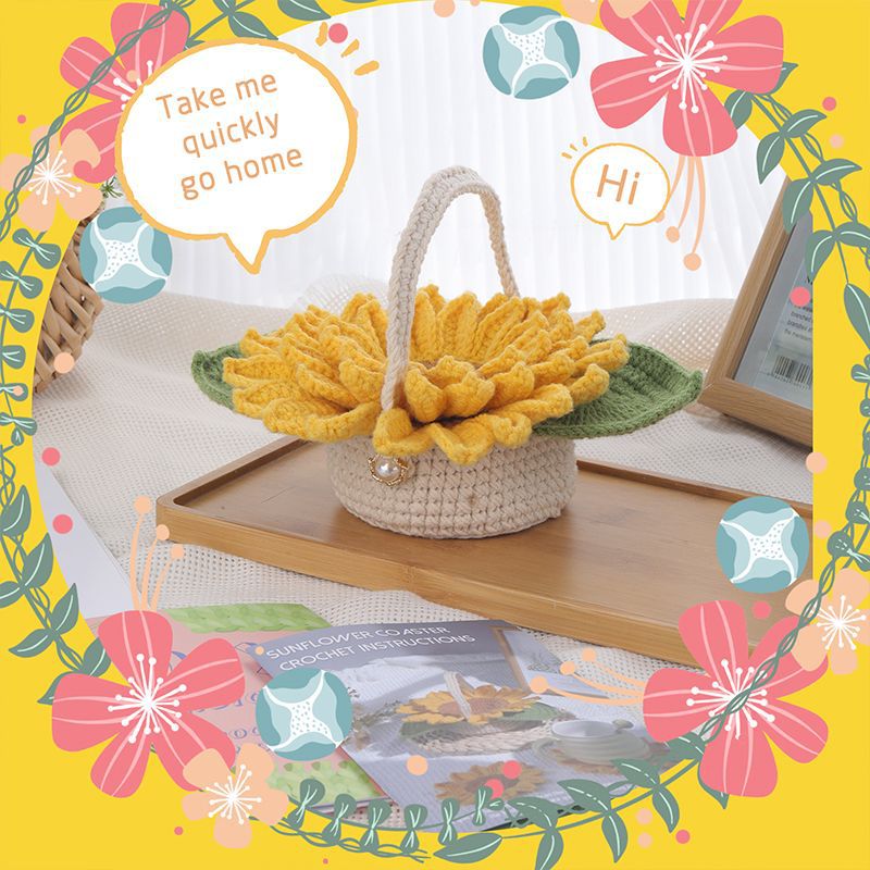 Knitted Flower Coasters Woven Sunflower Coasters Hand-Woven Flower Crochet Material Kit Handmade Diy Gifts