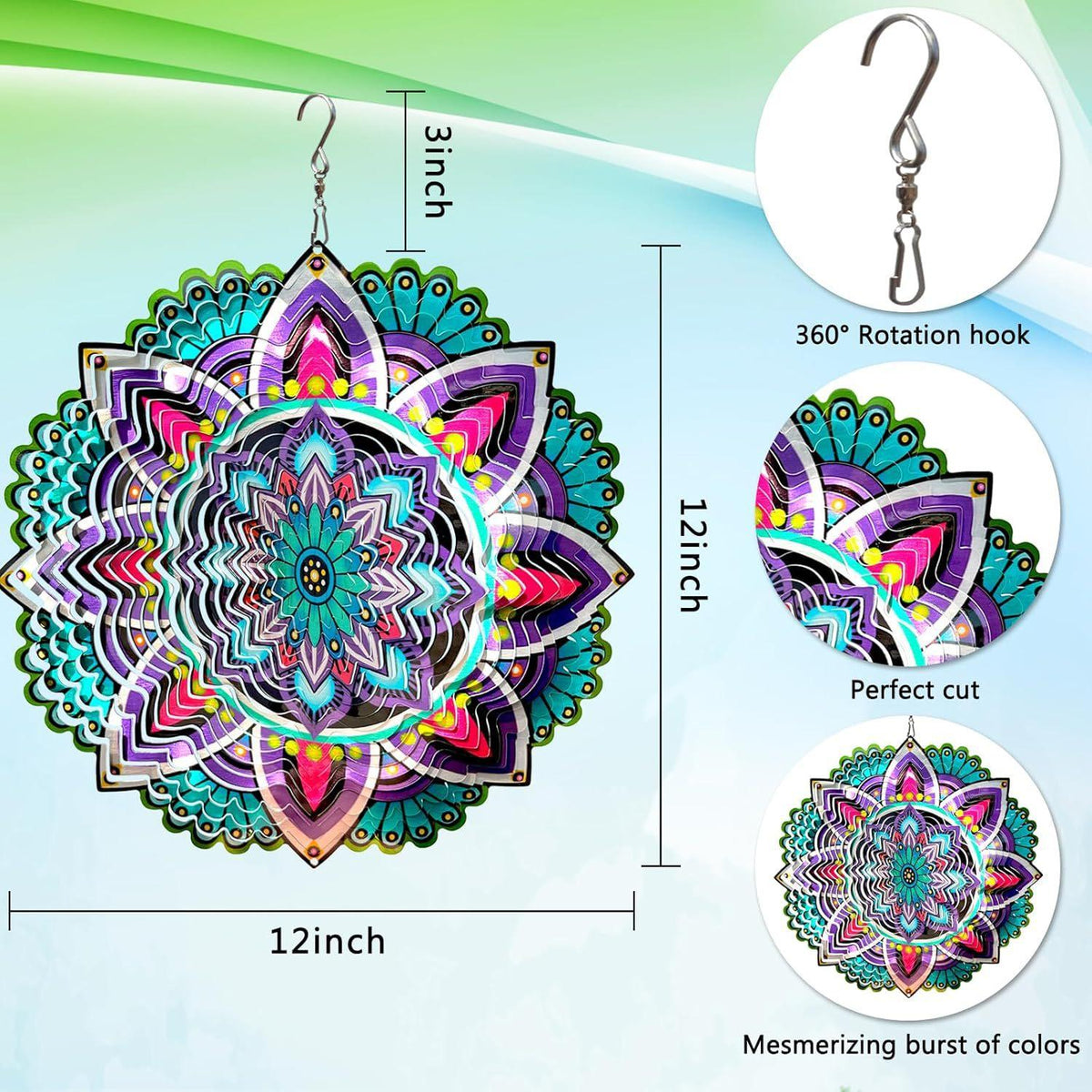 3D Mandala Metal Wind Spinner Colorful Hanging Kinetic Wind Sculpture Stainless Steel Garden Ornament Kinetic Wind Chime for Outdoor Yard Lawn Patio Decor