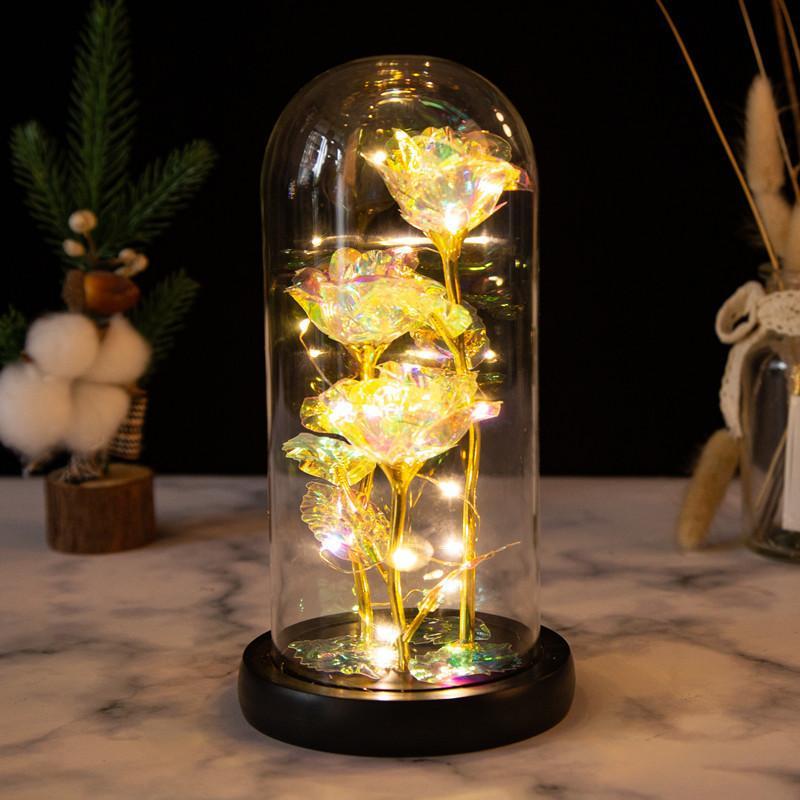 Romantic Simulation Eternal Three Colorful Roses Glass Cover LED  Micro Landscape Gifts at Christmas,  Valentine's Day and Anniversary