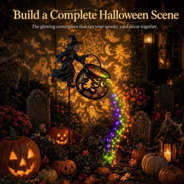 Halloween Witch Cauldron Garden Stake Light Magical Glowing Waterfall String Lights Spooky Outdoor Yard Lawn Pathway Decorative Light