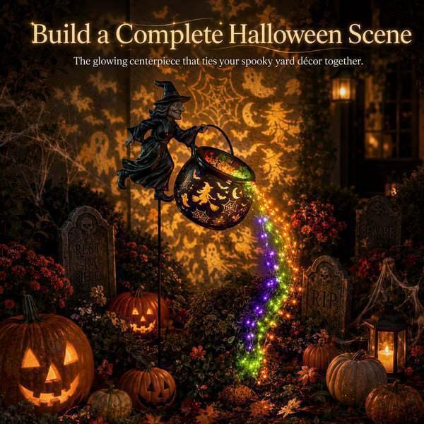 Halloween Witch Cauldron Garden Stake Light Magical Glowing Waterfall String Lights Spooky Outdoor Yard Lawn Pathway Decorative Light