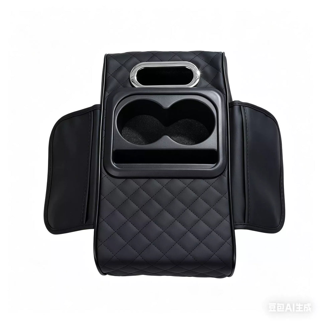 Custom Name 5 in 1 Nappa Leather Console Armrest Cover, Black | Built-in cup holder, tissue slot, phone holder & 2 storage pockets, practical car accessories fit SUV sedan truck