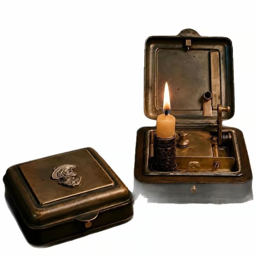 19th Century Mechanical Candle Box, Vintage Wind-Up Pocket Lighter & Candle Holder | Victorian Flame Igniter Copper Candlebox with Mechanical Riser For Home Living Room Kitchen