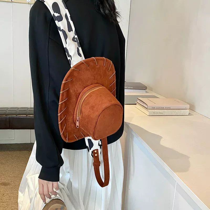 Creative Cowboy Hat Shaped Mini Backpack Vintage Western Style Women Daypack Retro Woven Edge Small Travel Rucksack Casual Aesthetic Shoulder Bag