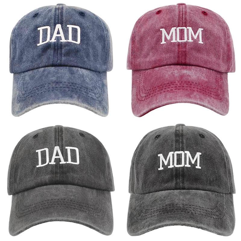 Vintage Washed Cotton DAD MOM Embroidered Baseball Cap Distressed Low Profile Dad Hat Adjustable Matching Couple Sun Hat Gift for New Parents