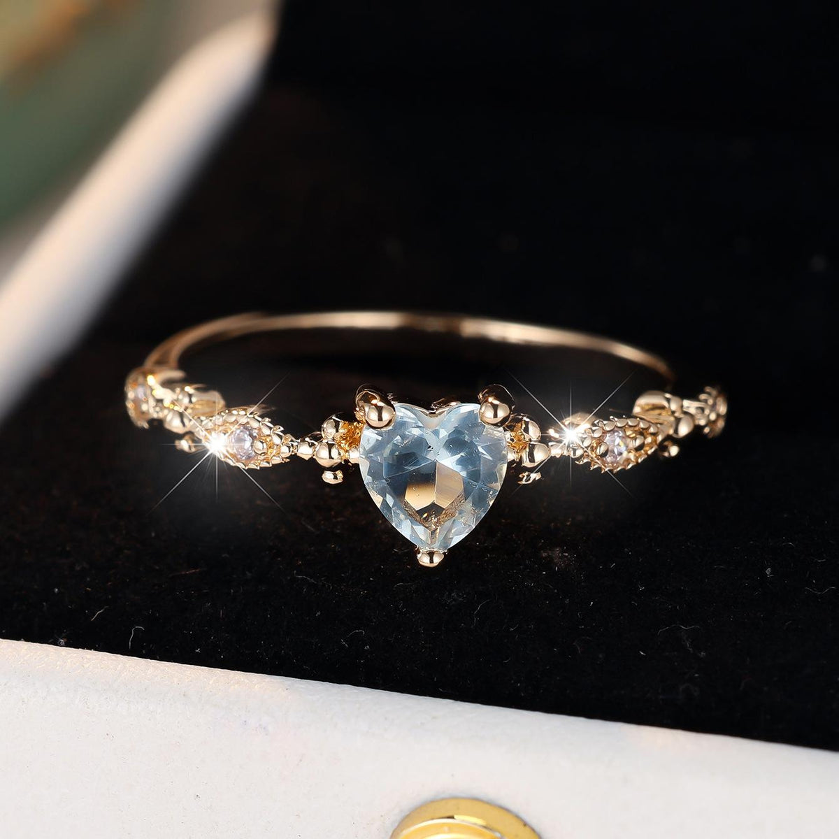 Engravable Ring Heart Gemstone Gold-Tone Dainty Band Filigree Vintage Style Promise Ring Personalized Romantic Jewelry Gift for Her
