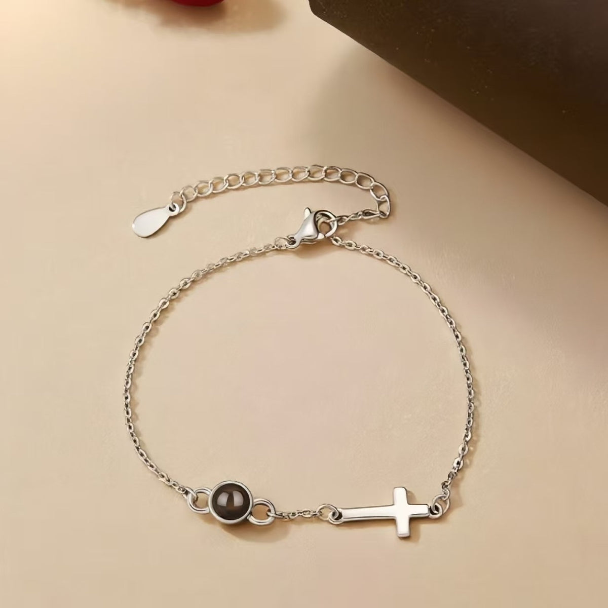 Personalized Photo Projection Bracelet with Cross, Custom Religious Jewelry, Christian Memorial Gift for Her