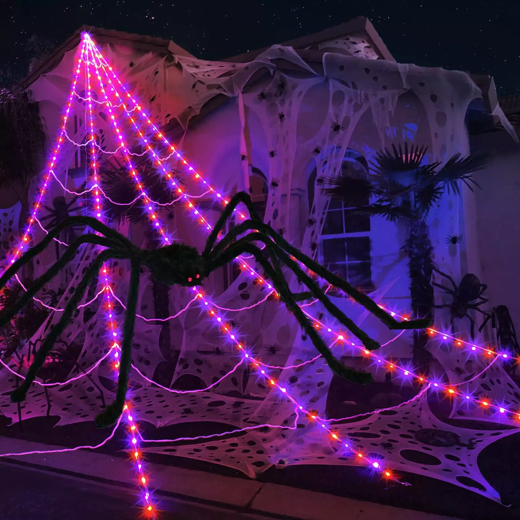 Lighted Halloween Triangular Spider Web with Giant Hairy Spider LED Purple Orange Glowing Web Outdoor Yard Decor Giant Plush Spider Haunted House Prop