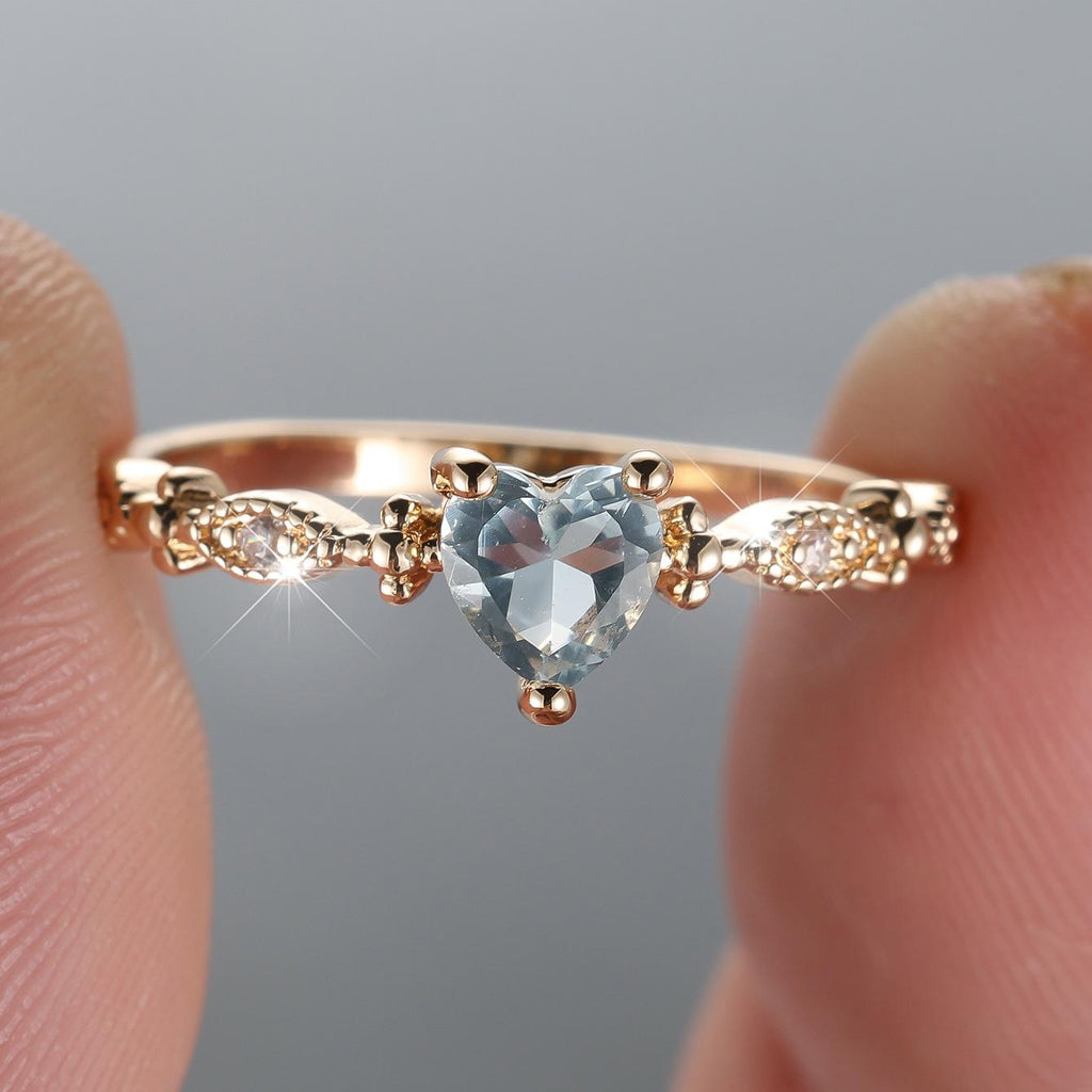 Engravable Ring Heart Gemstone Gold-Tone Dainty Band Filigree Vintage Style Promise Ring Personalized Romantic Jewelry Gift for Her