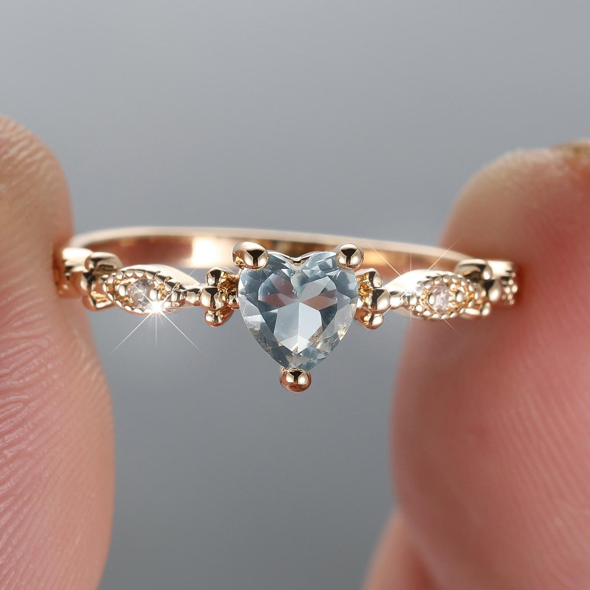 Engravable Ring Heart Gemstone Gold-Tone Dainty Band Filigree Vintage Style Promise Ring Personalized Romantic Jewelry Gift for Her