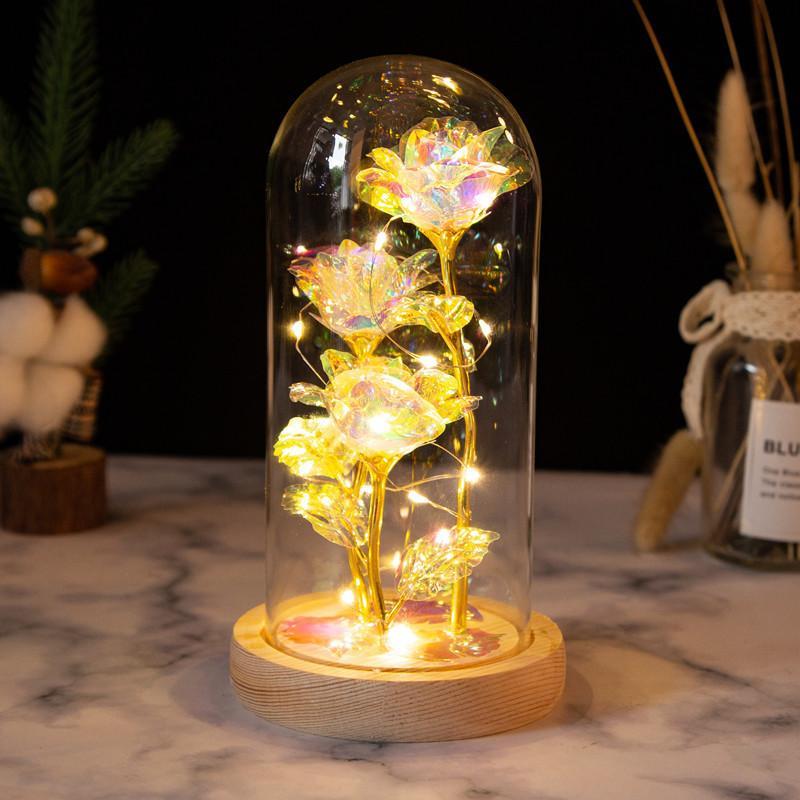 Romantic Simulation Eternal Three Colorful Roses Glass Cover LED  Micro Landscape,  Christmas Gifts, Valentine's Day and Anniversary