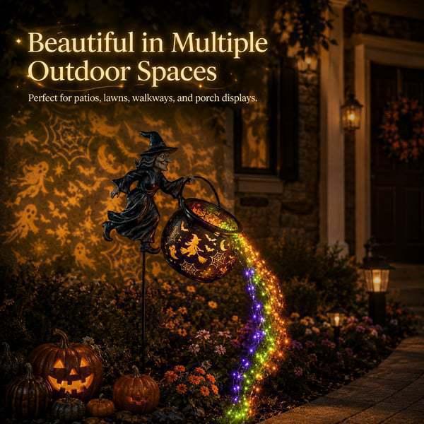 Halloween Witch Cauldron Garden Stake Light Magical Glowing Waterfall String Lights Spooky Outdoor Yard Lawn Pathway Decorative Light