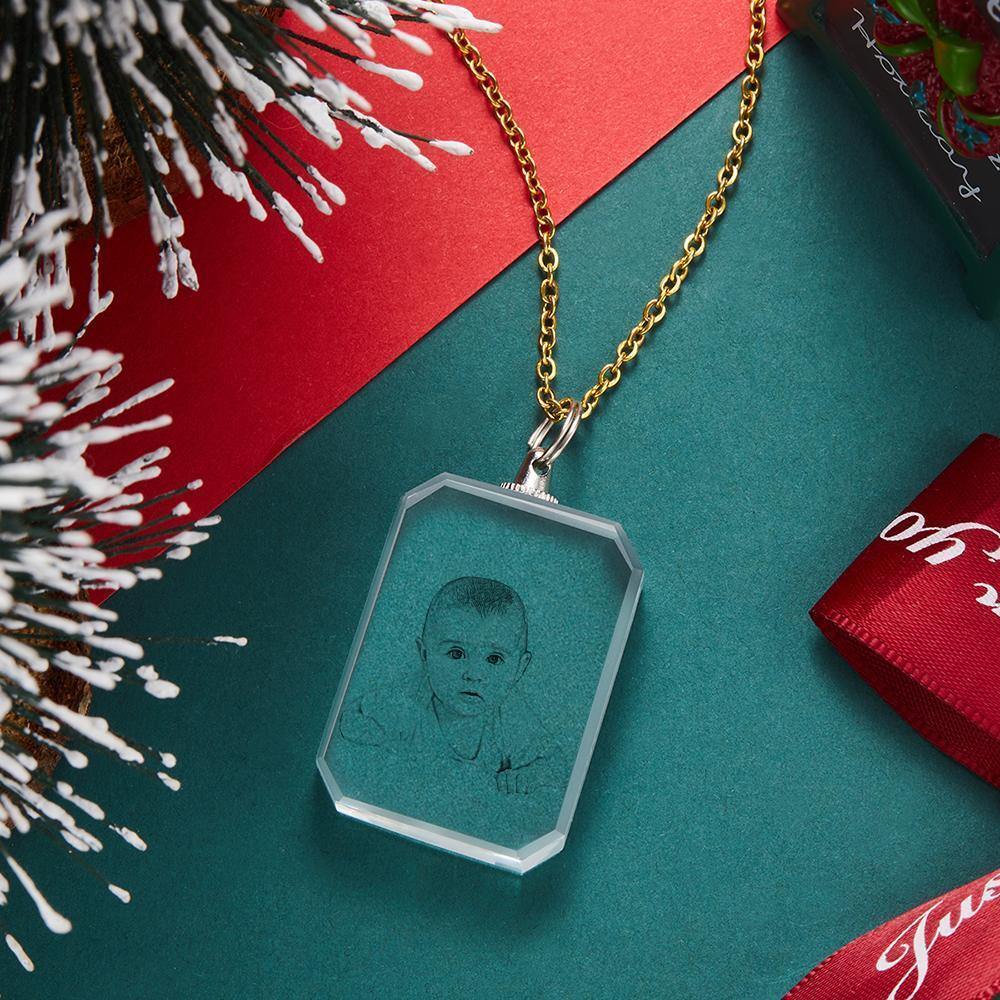 Photo Necklace Laser Engraved Photo Crystal Necklace Silver Color Chain Gifts Ideas Baby Picture Memorial Gifts