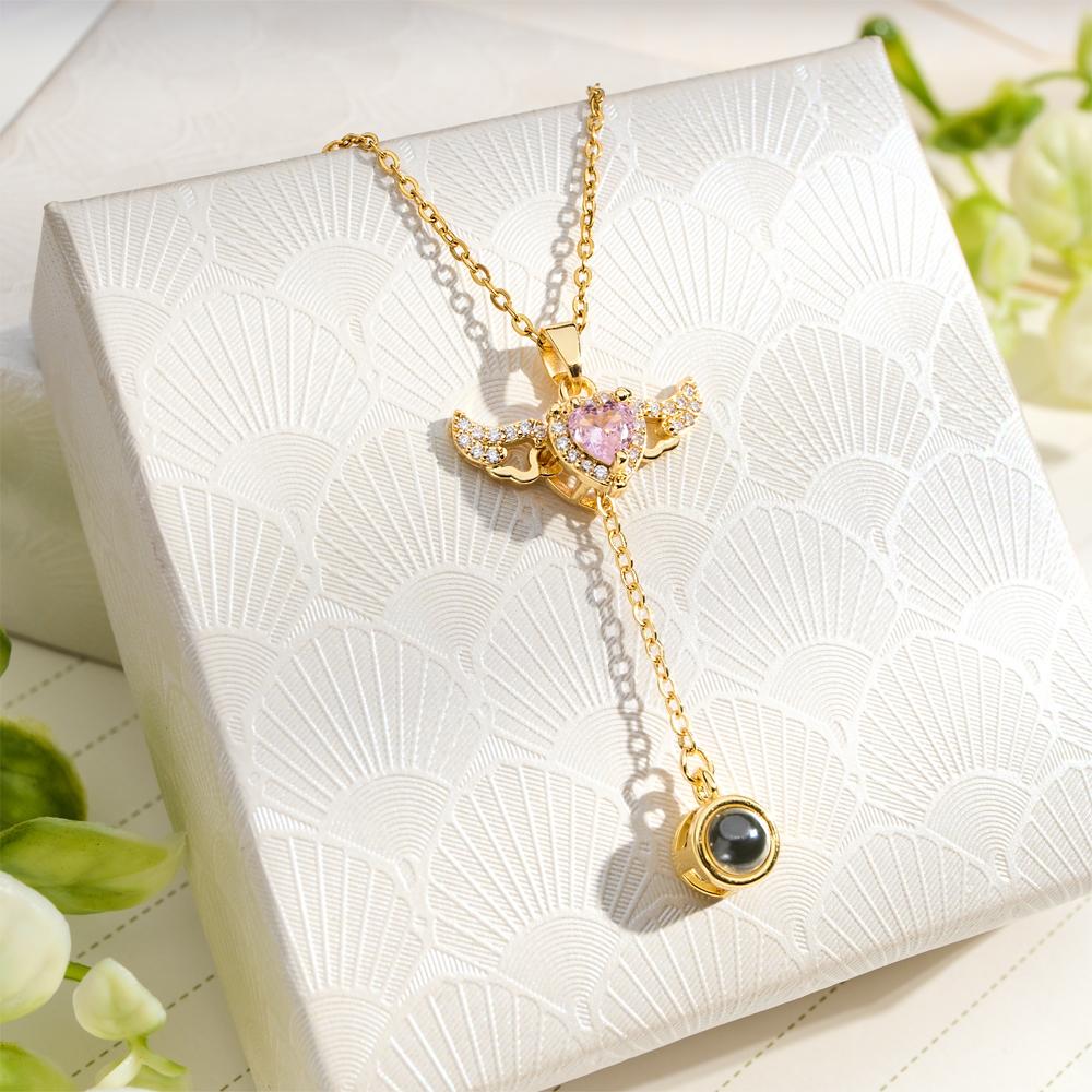 Custom Projection Necklace Cupid Heart Angel Wings Tassel Necklace Clavicle Chain