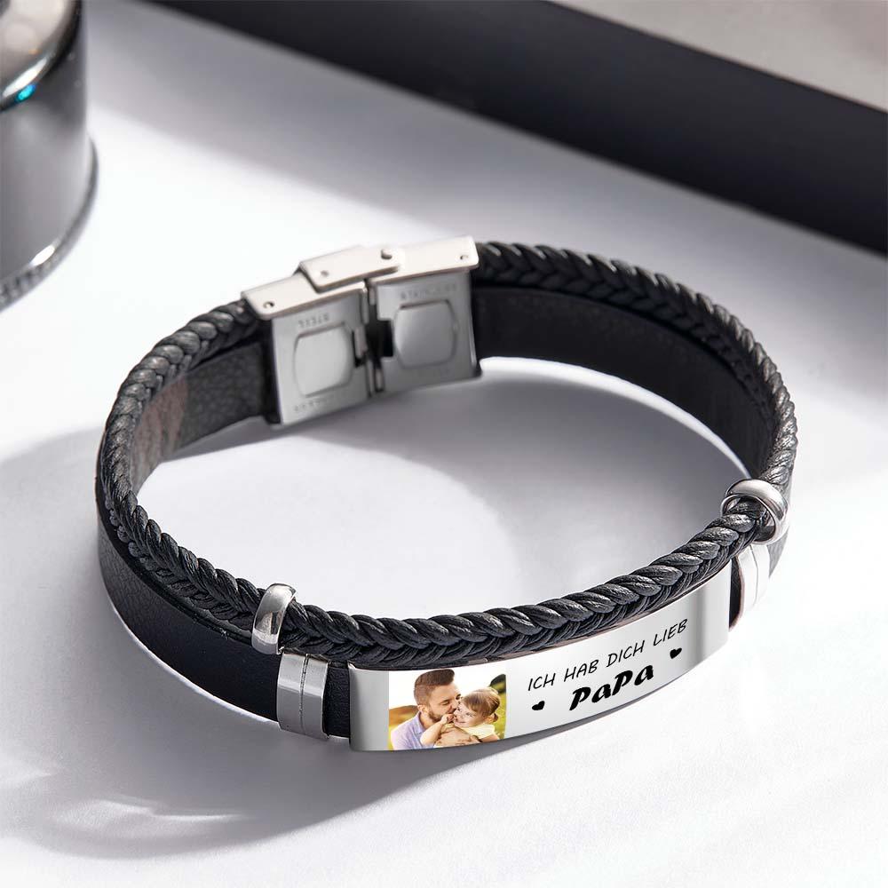 Personalized Photo Leather Bracelet With Text Braided Bangle Father's Day Gifts