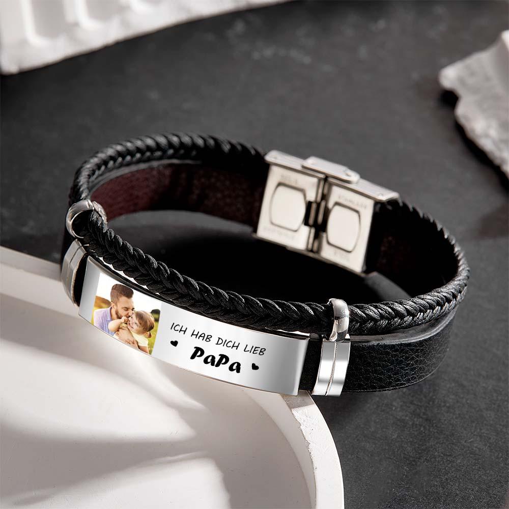 Personalized Photo Leather Bracelet With Text Braided Bangle Father's Day Gifts