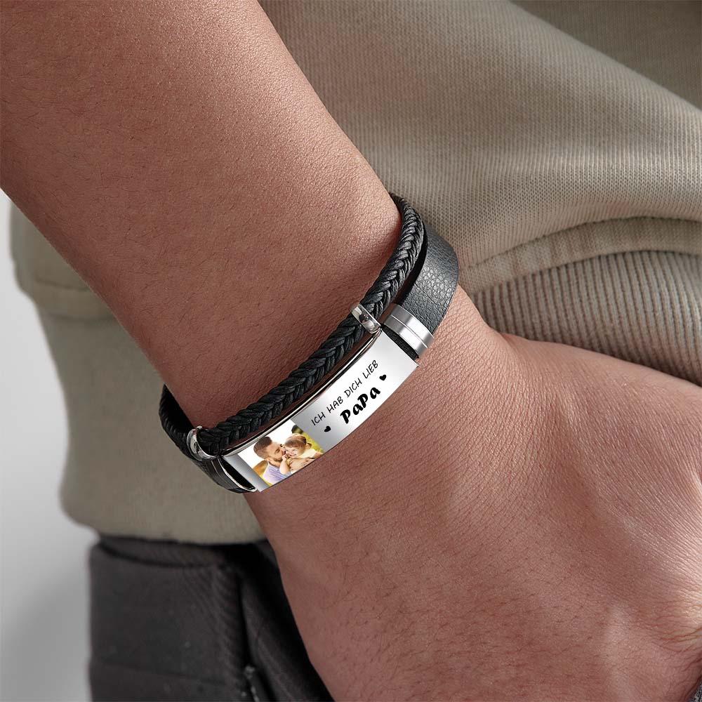 Personalized Photo Leather Bracelet With Text Braided Bangle Father's Day Gifts
