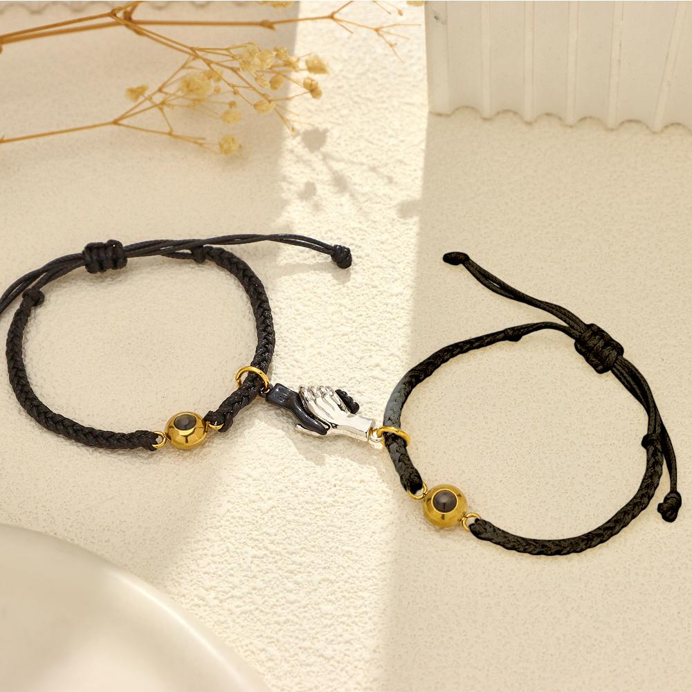 Custom Engraved Bracelet Magnetic Shake Hands Couple Gift