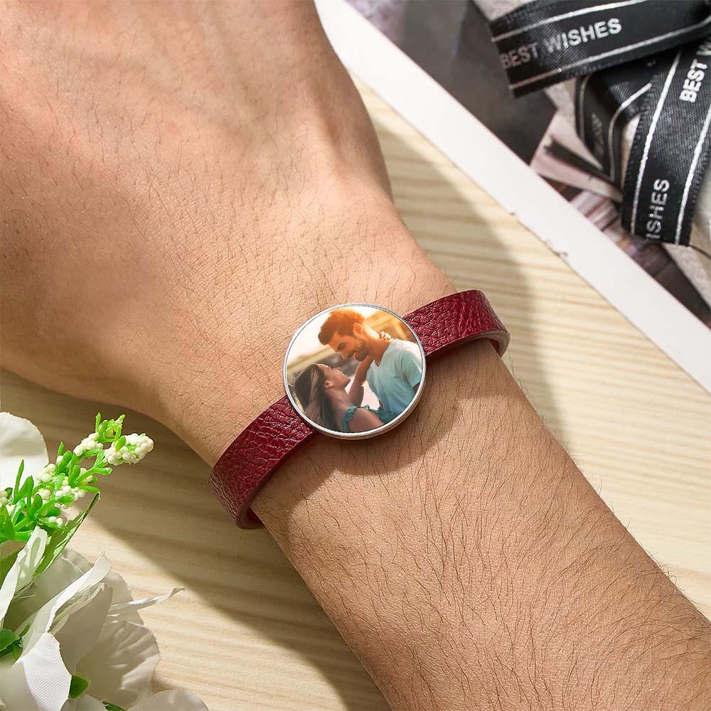 Retro Photo Leather Bracelet With Text Men's Bracelet Father's Day Gift
