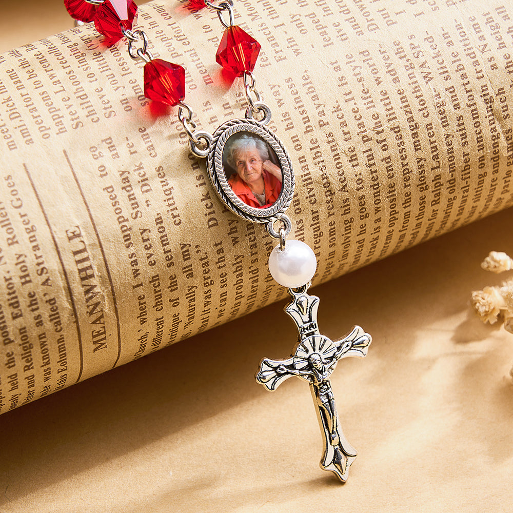 Personalized Photo Birthstone Rosary Bracelet with Cross Pendant Memorial Gift for Family