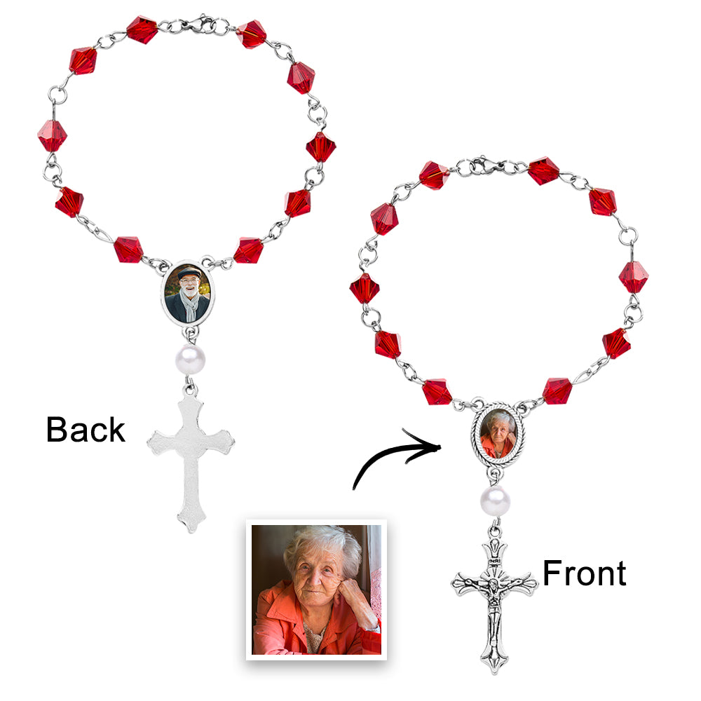 Personalized Photo Birthstone Rosary Bracelet with Cross Pendant Memorial Gift for Family