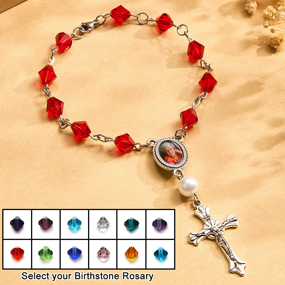 Personalized Photo Birthstone Rosary Bracelet with Cross Pendant Memorial Gift for Family