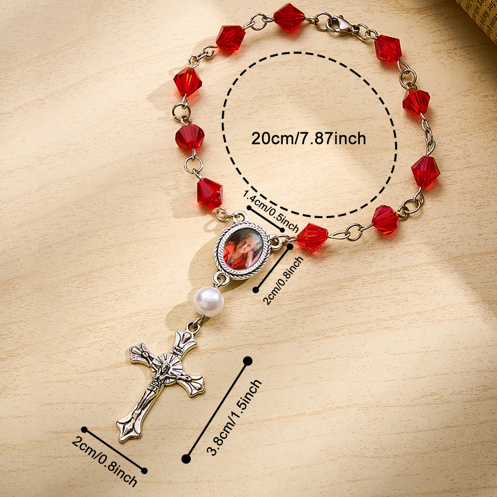 Personalized Photo Birthstone Rosary Bracelet with Cross Pendant Memorial Gift for Family