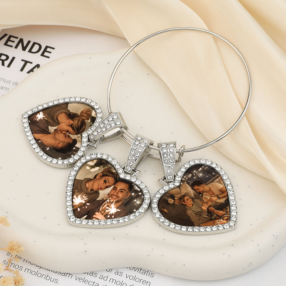 Hearts Photo Bangle Bracelet 3 Charms Custom Bracelet Gift For Her