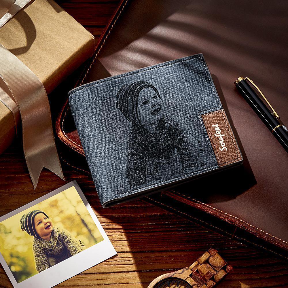 Men's Bifold Custom Inscription Photo Engraved Wallet - Grey Leather Gift for Family