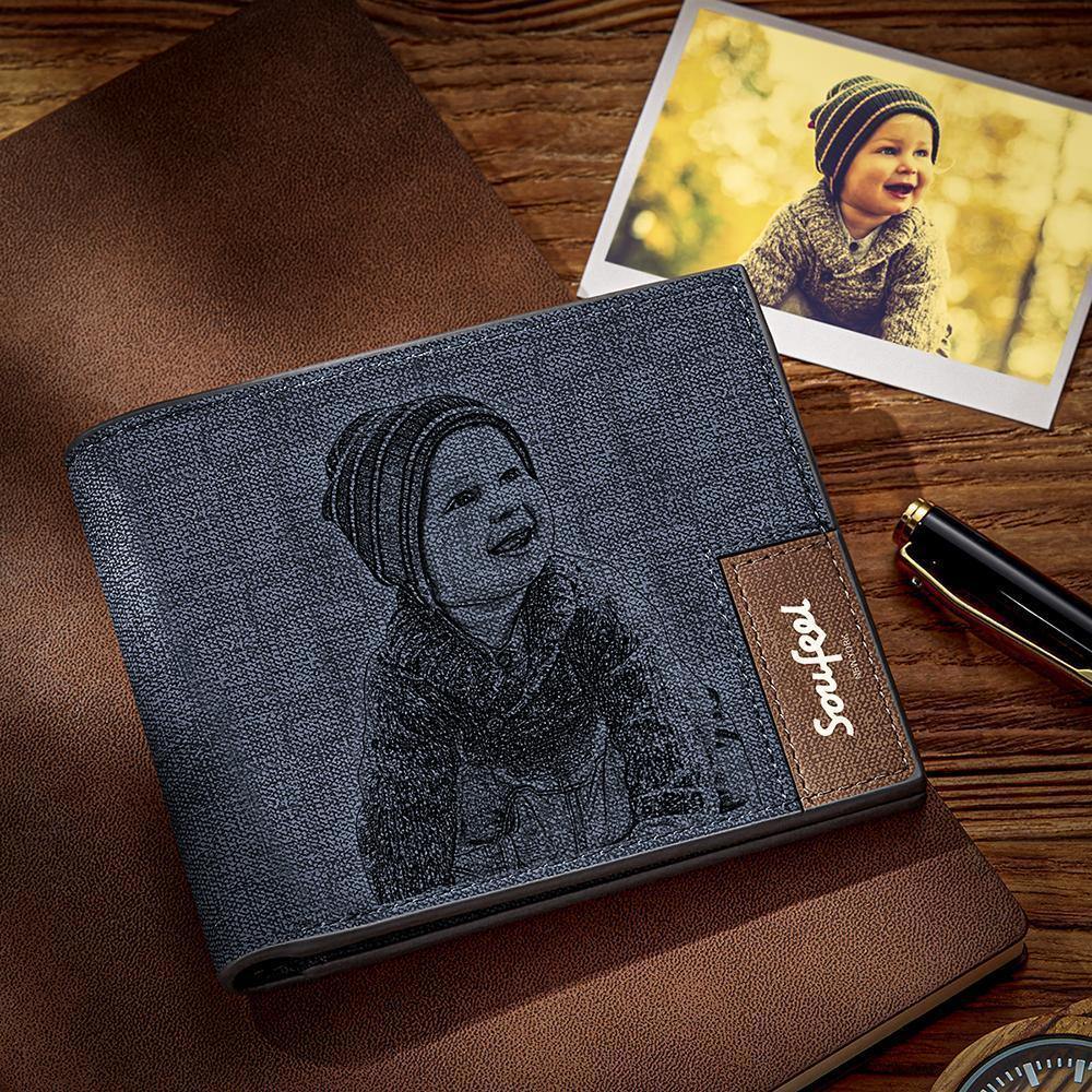 Men's Bifold Custom Inscription Photo Engraved Wallet - Coffee Leather Christmas Gifts for Men