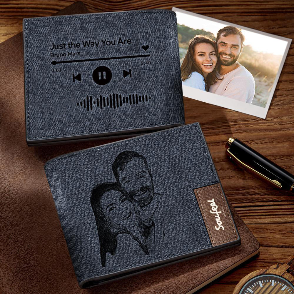 Scannable Music Code Wallet Photo Engraved Wallet Custom Music Song Wallet Gifts for Him