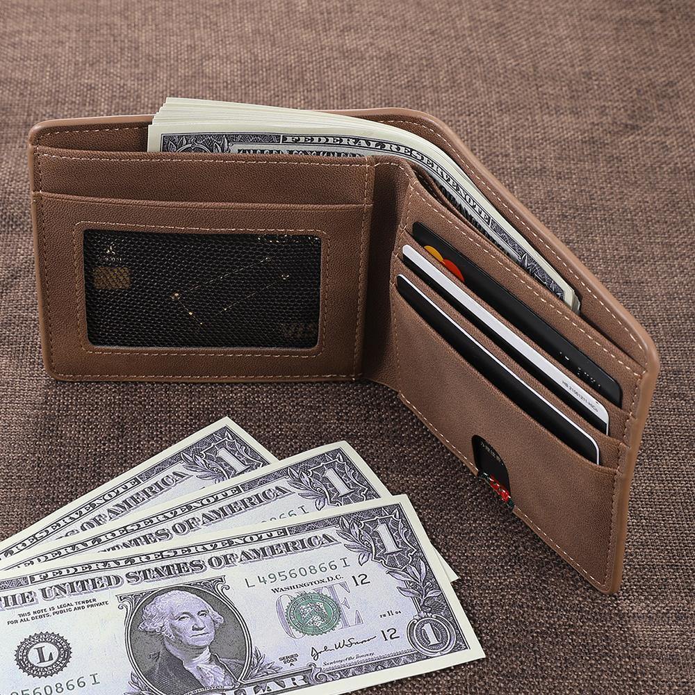 Men's Bifold Custom Inscription Photo Wallet Two Pictures - Brown Leather