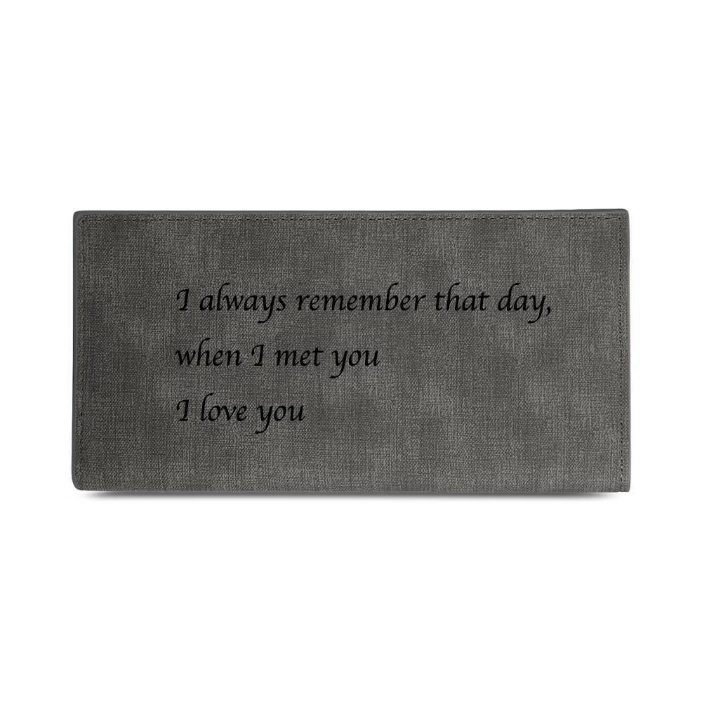 Men's Long Style Bifold Custom Inscription Photo Engraved Wallet - Grey Leather