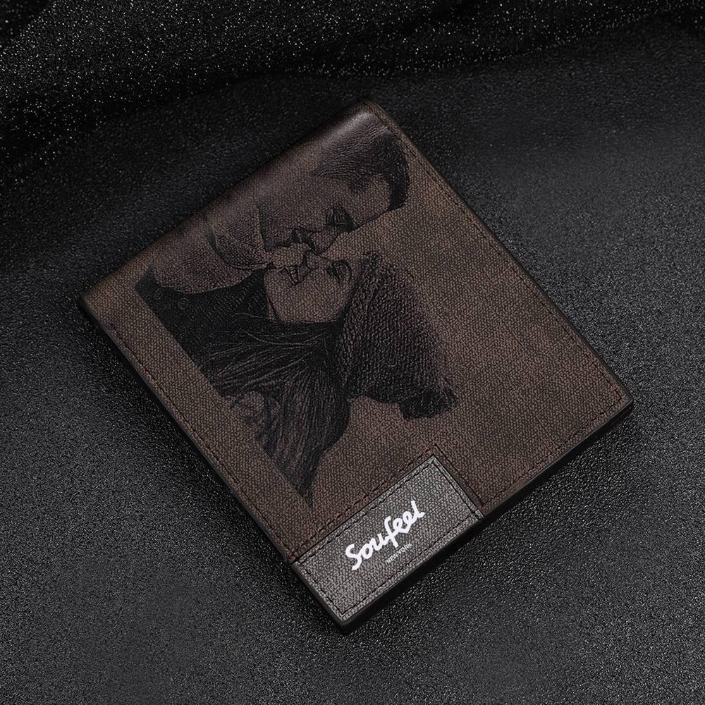 Men's Bifold Custom Inscription Photo Engraved Wallet - Coffee Leather Christmas Gifts for Men