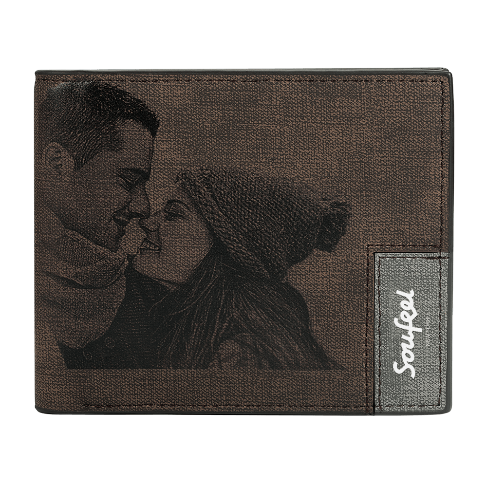 Men's Bifold Custom Inscription Photo Engraved Wallet - Grey Leather Gift for Family