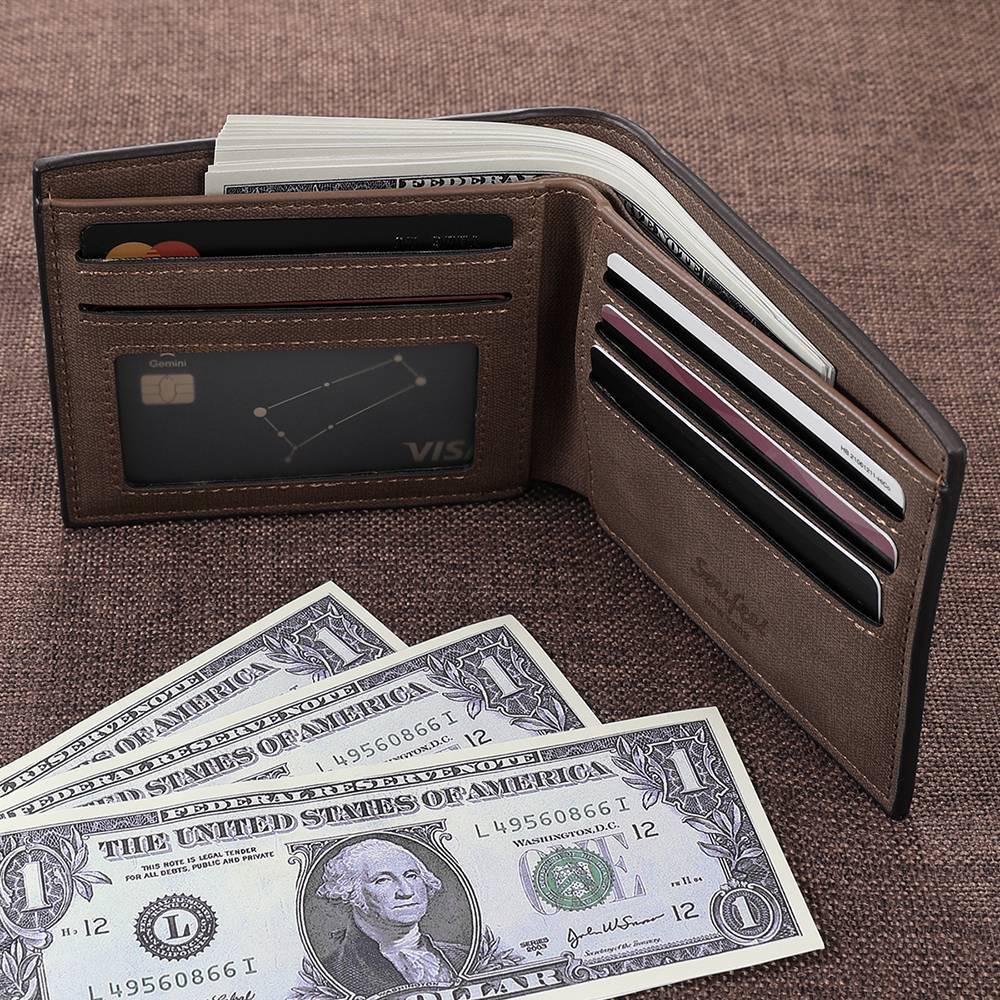 Men's Bifold Custom Inscription Photo Wallet - Blue Leather Gift for Men