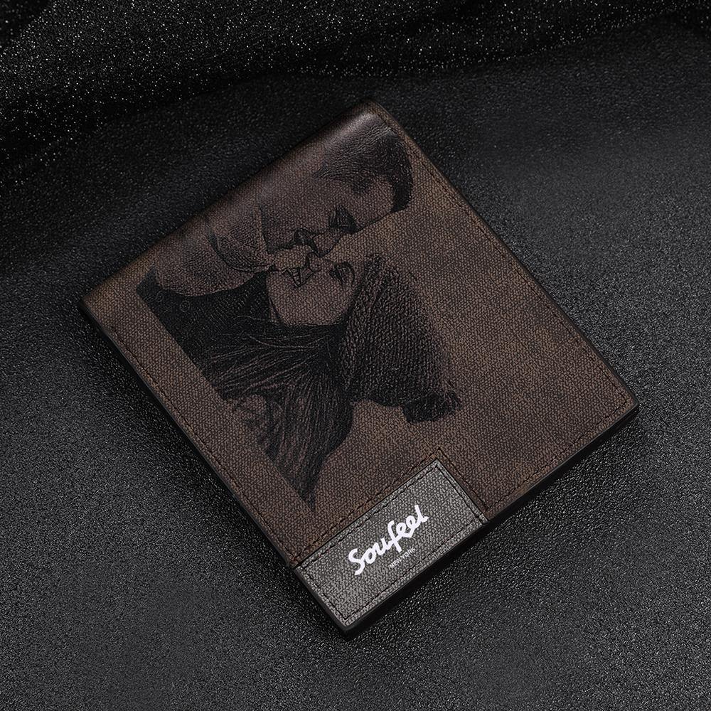 Men's Bifold Custom Inscription Photo Wallet Two Pictures - Coffee Leather