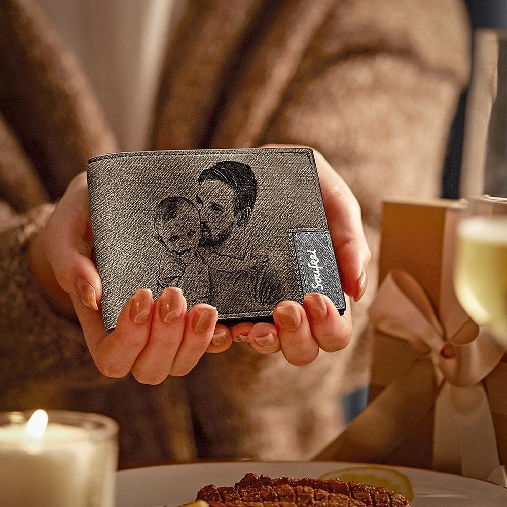 Men's Bifold Custom Inscription Photo Engraved Wallet - Coffee Leather