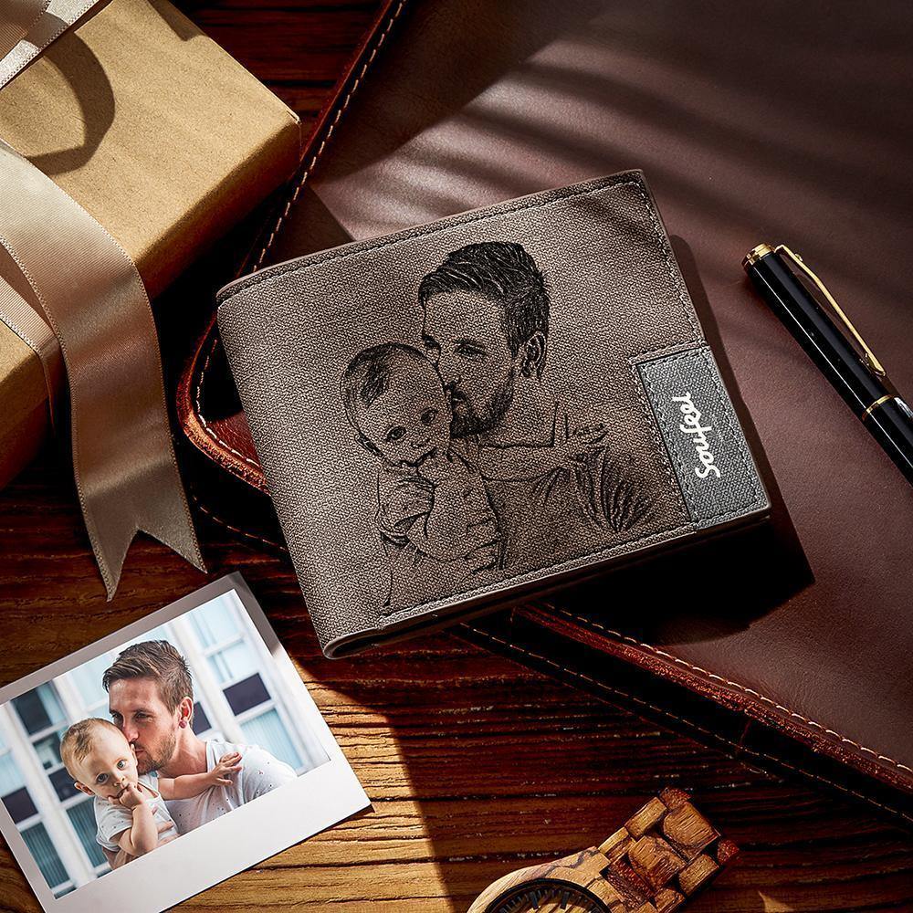 Men's Bifold Custom Inscription Photo Engraved Wallet - Coffee Leather