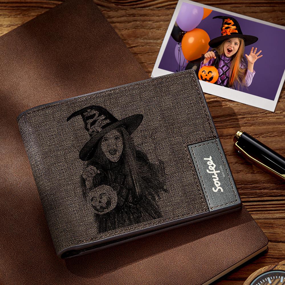 Men's Bifold Custom Inscription Photo Engraved Wallet - Coffee Leather