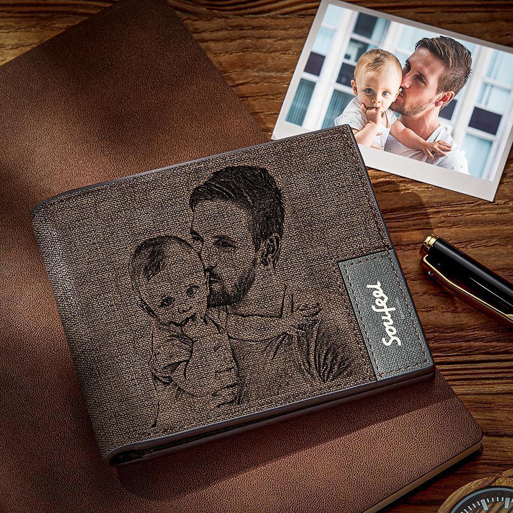 Men's Bifold Custom Inscription Photo Engraved Wallet - Coffee Leather