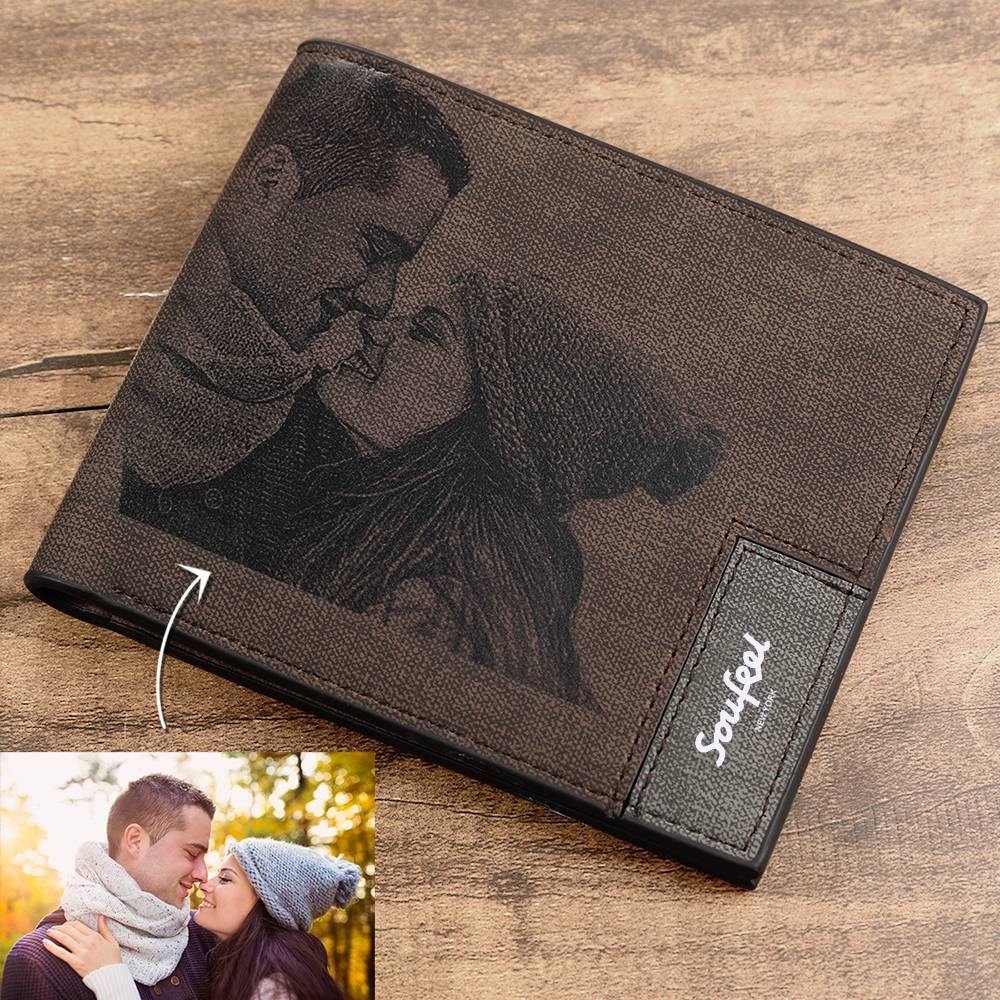 Men's Bifold Custom Inscription Photo Engraved Wallet - Coffee Leather Christmas Gifts for Men